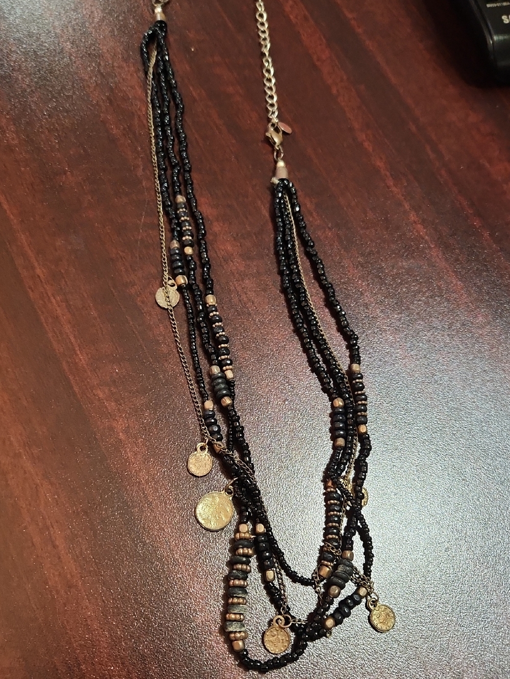 Multi-Strand Black and Gold Beaded Necklace